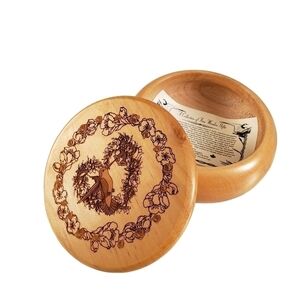NWT Alder Wood Round Trinket Box Laser Engraved Hummingbird & Flowers